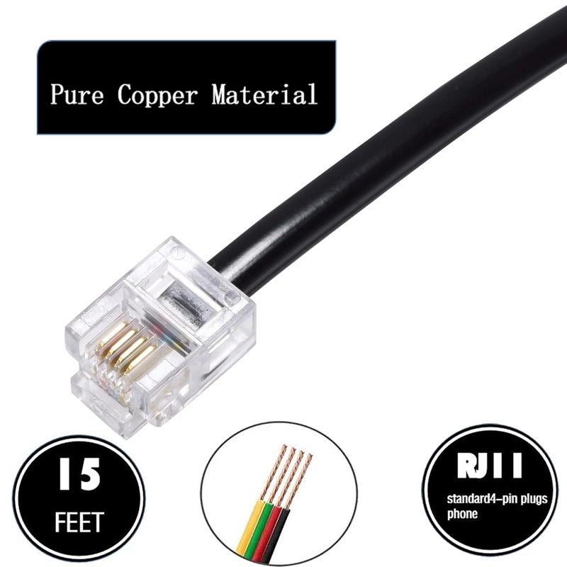 Ubramac 15ft Phone Telephone Extension Cord Cable Line Wire with Standard RJ11 6P4C Plugs for Landline Telephone,(Black, 2Pack) - Image 2
